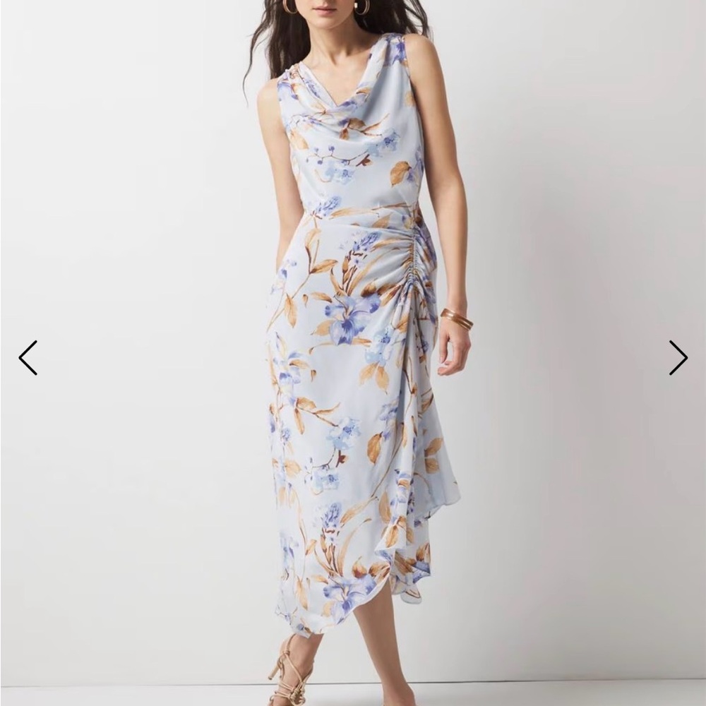 White House Black Market Light Blue & Tan Floral Cowl-Neck Midi Dress 8
